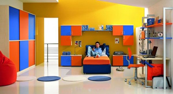 colorful blue yellow orange red bedroom teenager man teen Design Shelves window Carpet