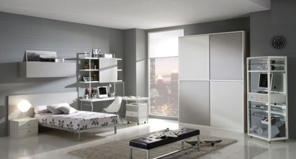 gray bed room lamp teenager man teen Design window shelves idea