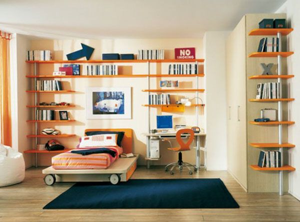orange blue carpet bed room lamp adolescent male teenager shelves design window curtain desk chair image PC