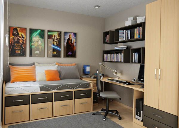 Posters orange gray desk chair idea bedside lamp room teenager man teen Design wooden shelves