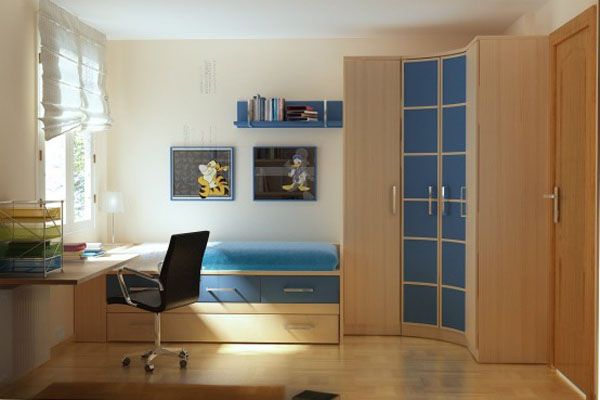 blue desk lamp bed room chair idea adolescent male teenager design shelves curtain window wood