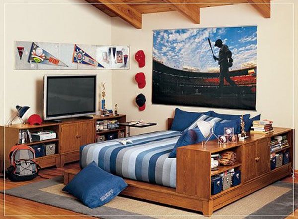 Wood bed room lamp teenager man teen Design Shelves window curtain blue little pillow TV
