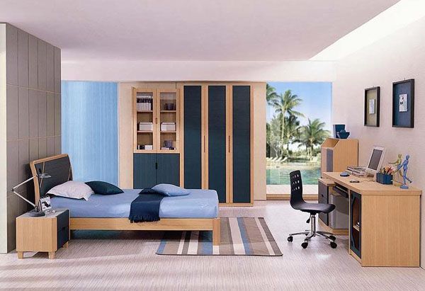 blue lamp bed room teenager man teen Design Shelves window curtain palm wood carpet