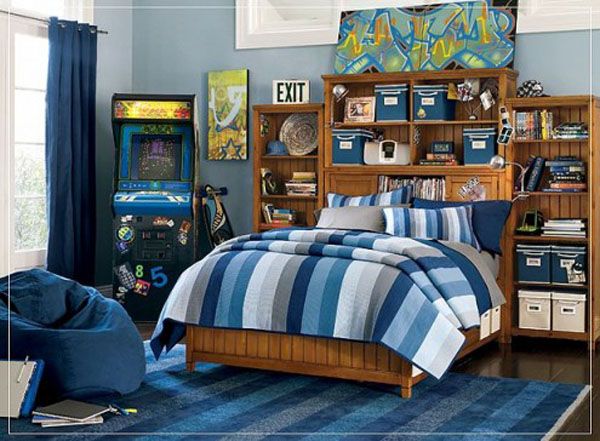 blue lamp bed room teenager man teen Design Shelves Wooden Picture