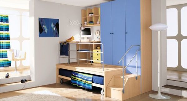 blue lamp bed room teenager man teen Design shelves wooden window frame cabinet