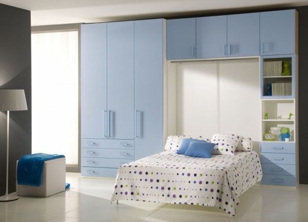 blue little pillow bed room lamp adolescent male teenager design shelves cabinet window